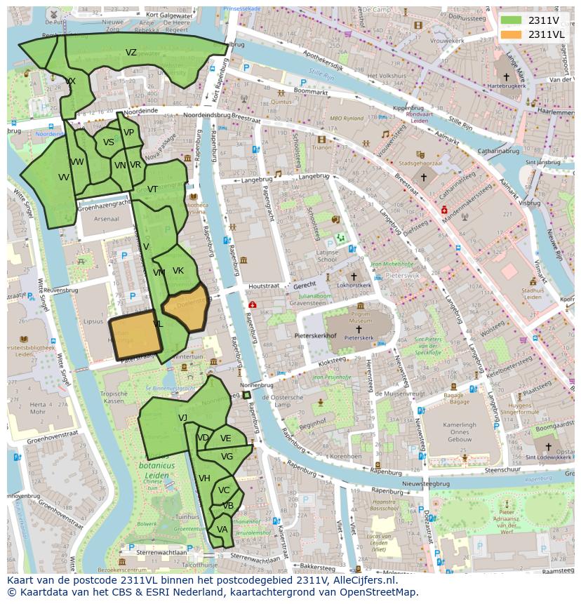 Afbeelding van het postcodegebied 2311 VL op de kaart.