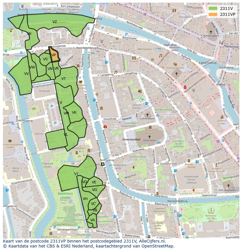 Afbeelding van het postcodegebied 2311 VP op de kaart.