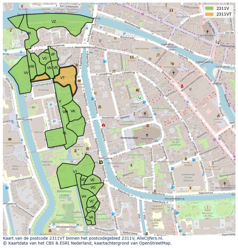 Afbeelding van het postcodegebied 2311 VT op de kaart.