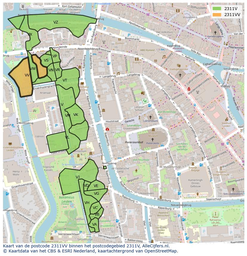 Afbeelding van het postcodegebied 2311 VV op de kaart.