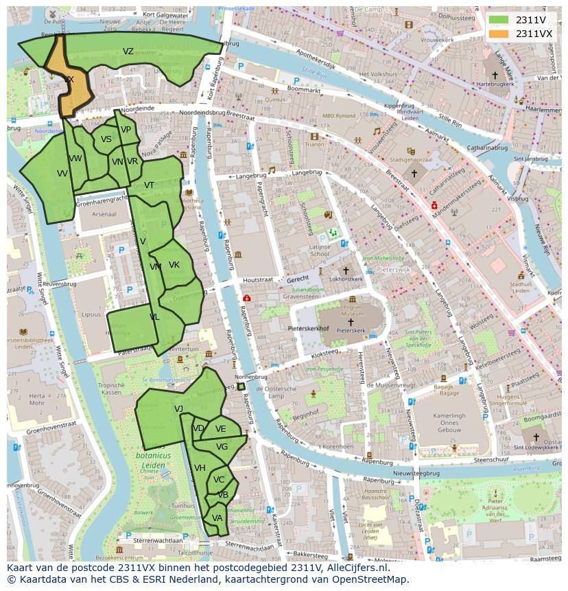 Afbeelding van het postcodegebied 2311 VX op de kaart.