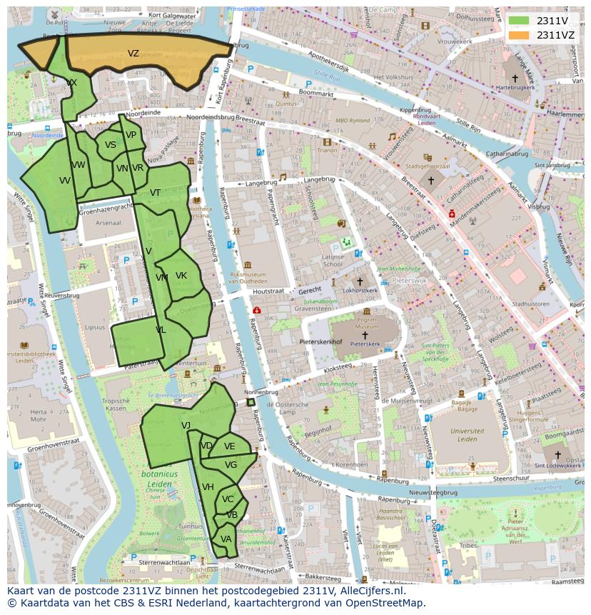 Afbeelding van het postcodegebied 2311 VZ op de kaart.