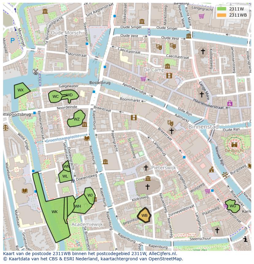 Afbeelding van het postcodegebied 2311 WB op de kaart.