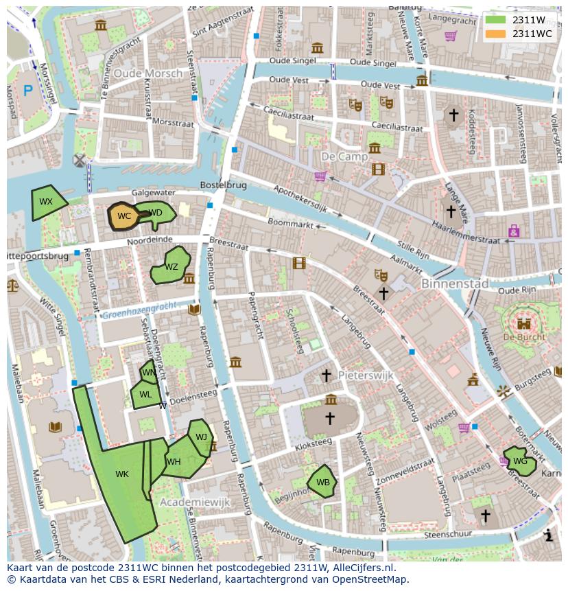 Afbeelding van het postcodegebied 2311 WC op de kaart.
