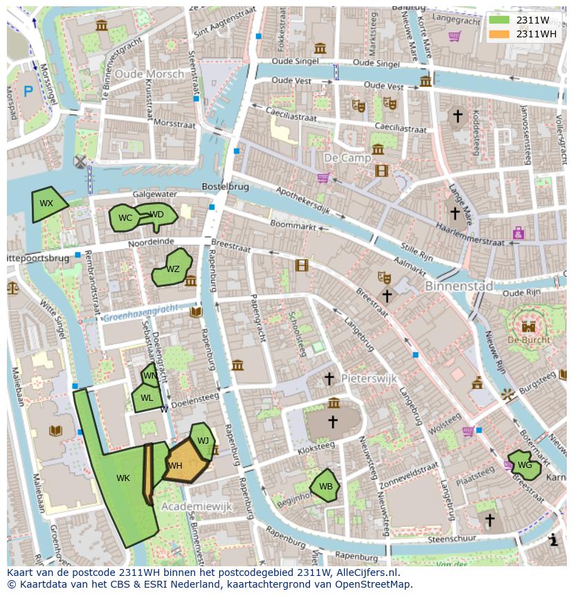 Afbeelding van het postcodegebied 2311 WH op de kaart.