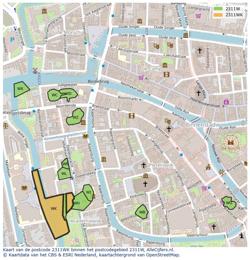 Afbeelding van het postcodegebied 2311 WK op de kaart.
