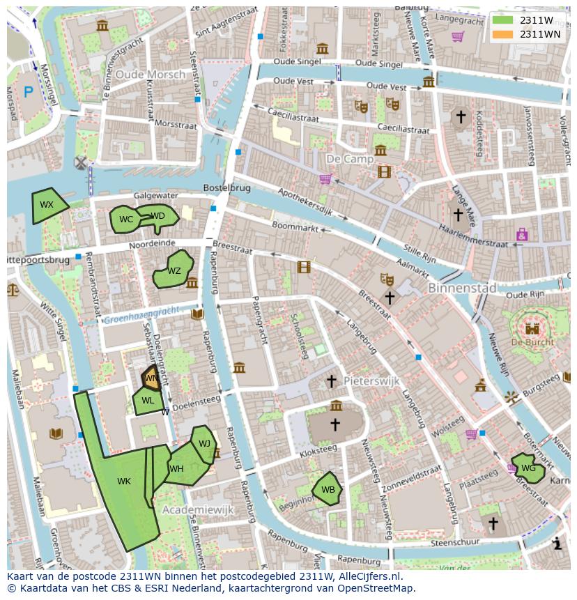 Afbeelding van het postcodegebied 2311 WN op de kaart.