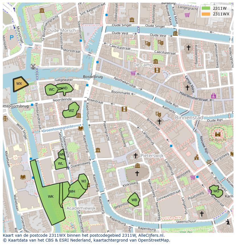 Afbeelding van het postcodegebied 2311 WX op de kaart.