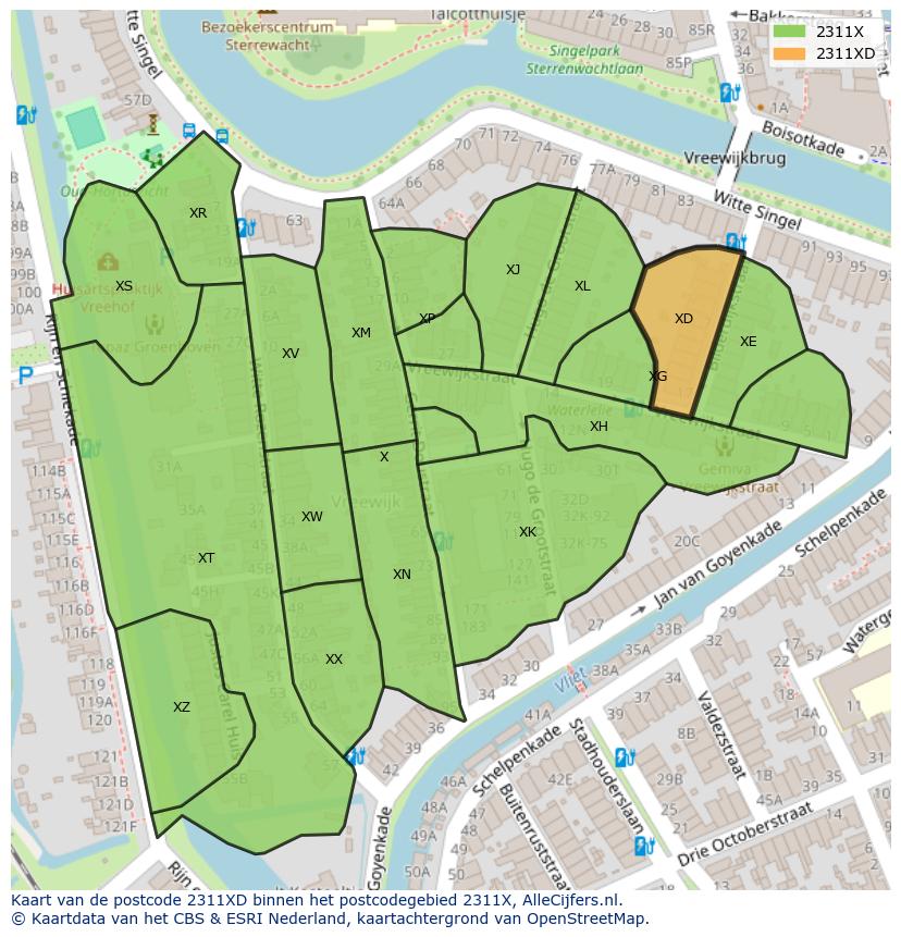 Afbeelding van het postcodegebied 2311 XD op de kaart.