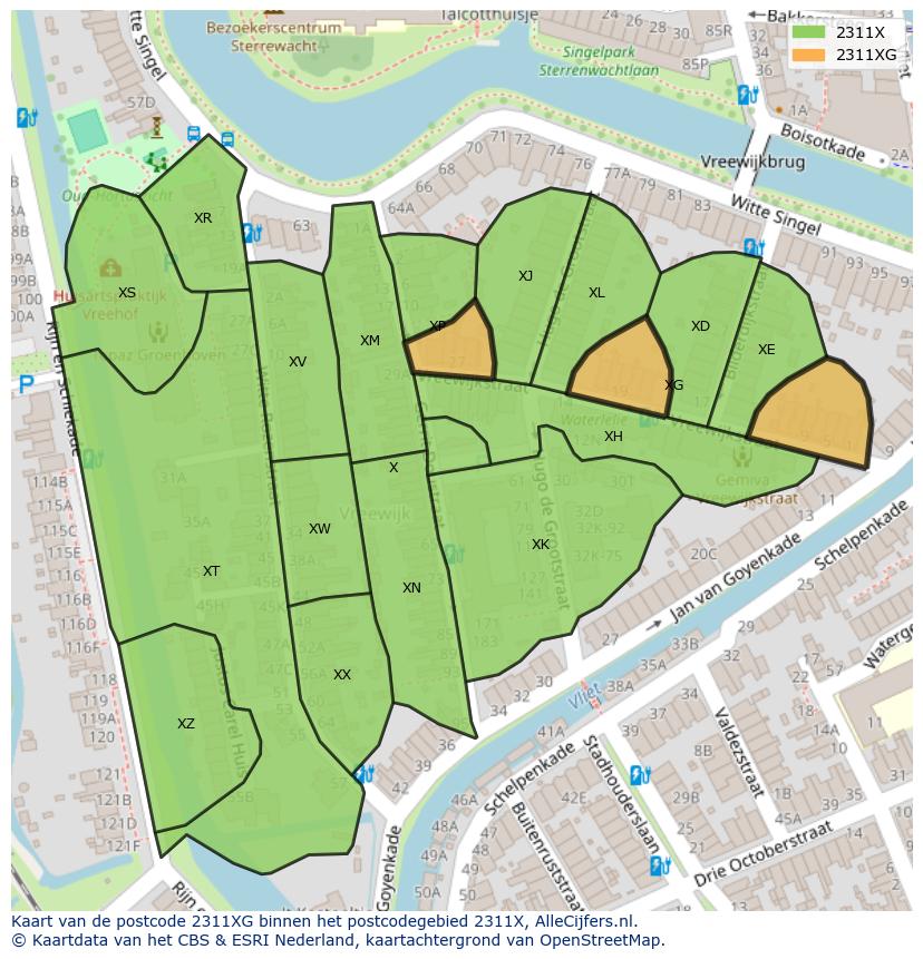 Afbeelding van het postcodegebied 2311 XG op de kaart.