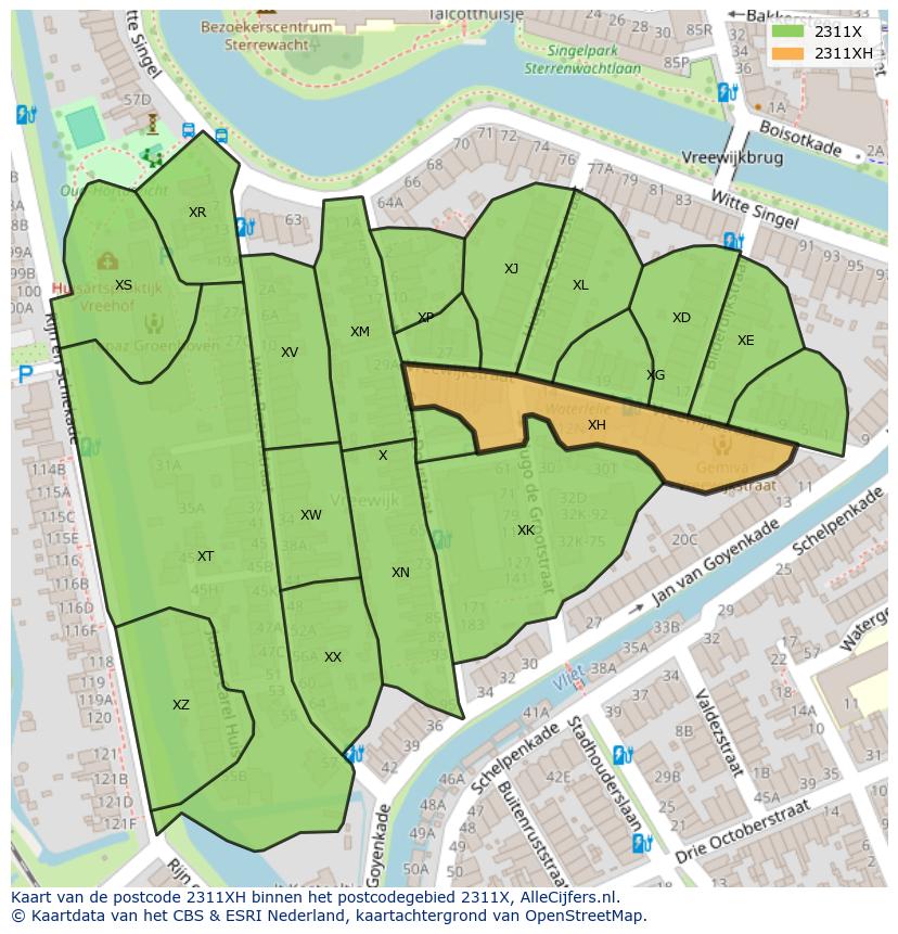 Afbeelding van het postcodegebied 2311 XH op de kaart.