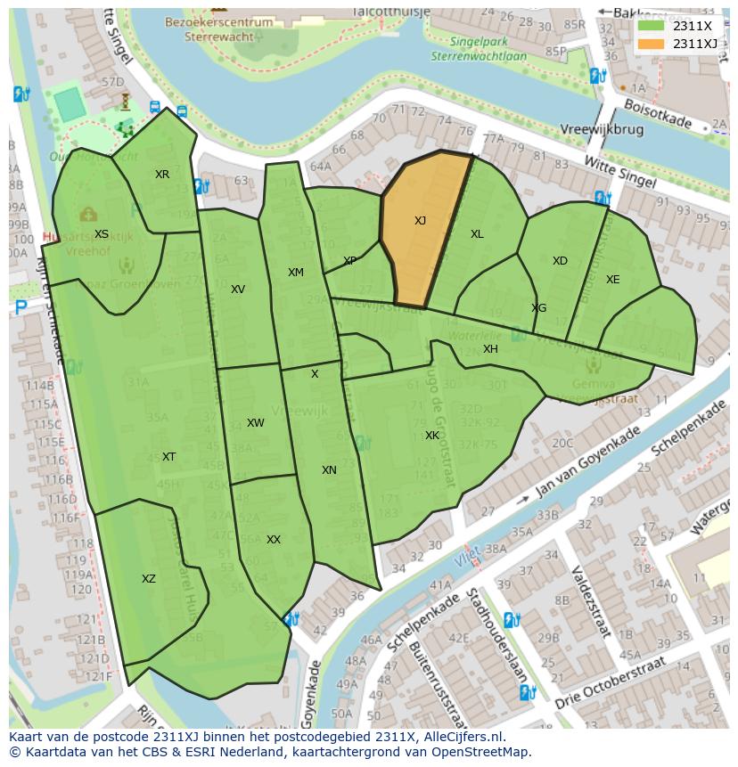 Afbeelding van het postcodegebied 2311 XJ op de kaart.