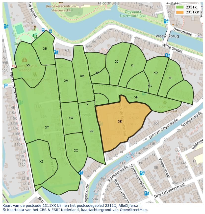 Afbeelding van het postcodegebied 2311 XK op de kaart.