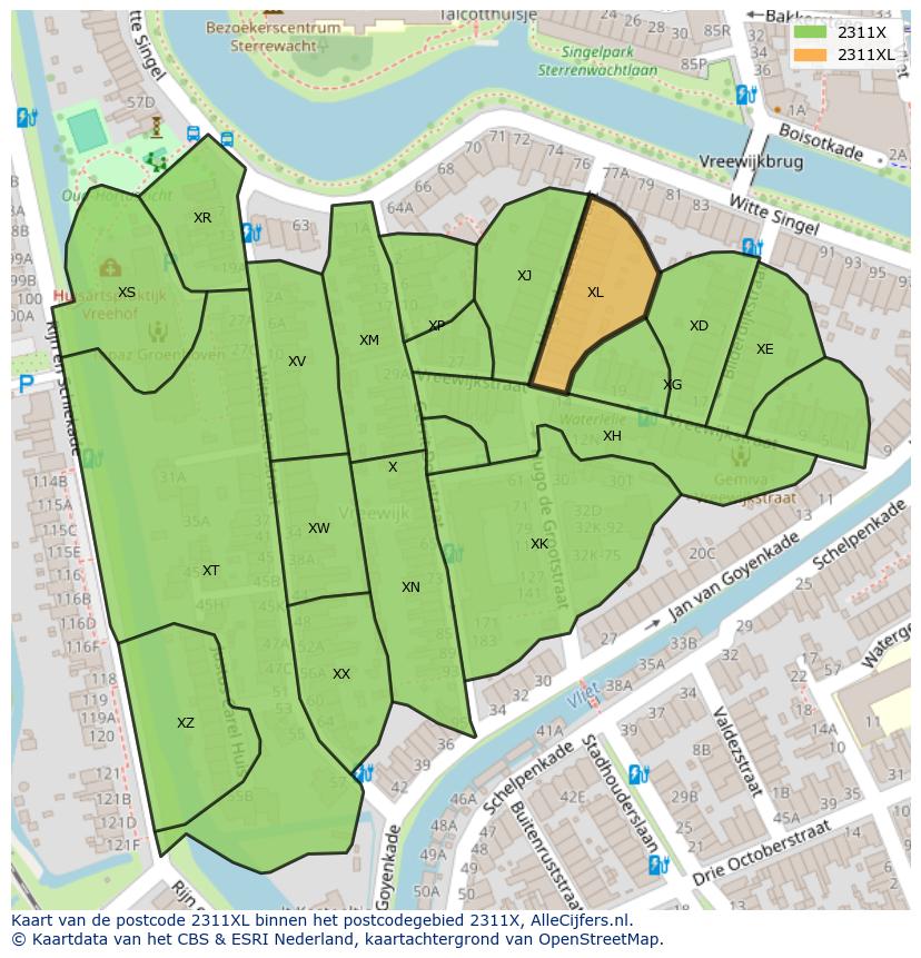 Afbeelding van het postcodegebied 2311 XL op de kaart.