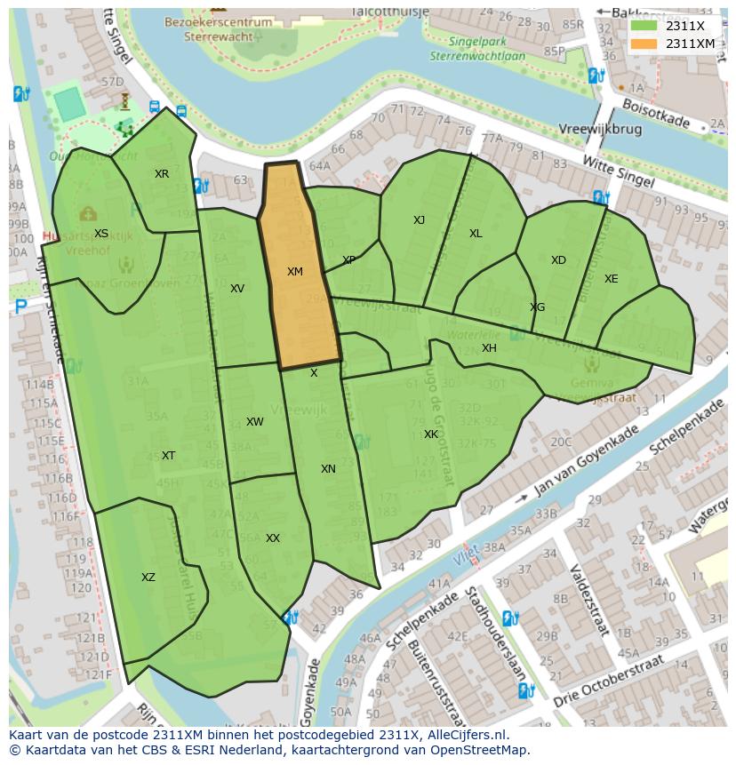 Afbeelding van het postcodegebied 2311 XM op de kaart.