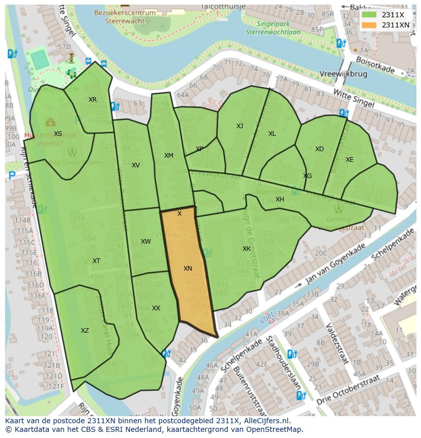 Afbeelding van het postcodegebied 2311 XN op de kaart.