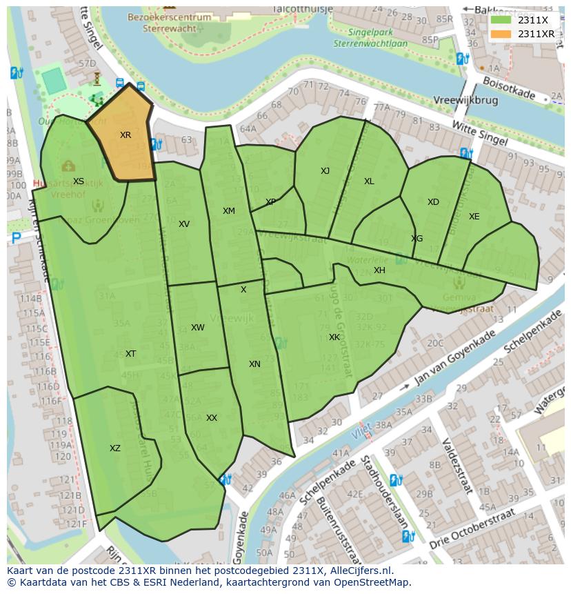 Afbeelding van het postcodegebied 2311 XR op de kaart.
