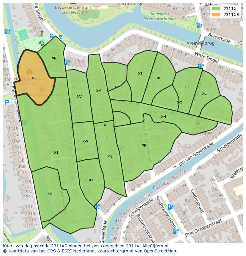 Afbeelding van het postcodegebied 2311 XS op de kaart.