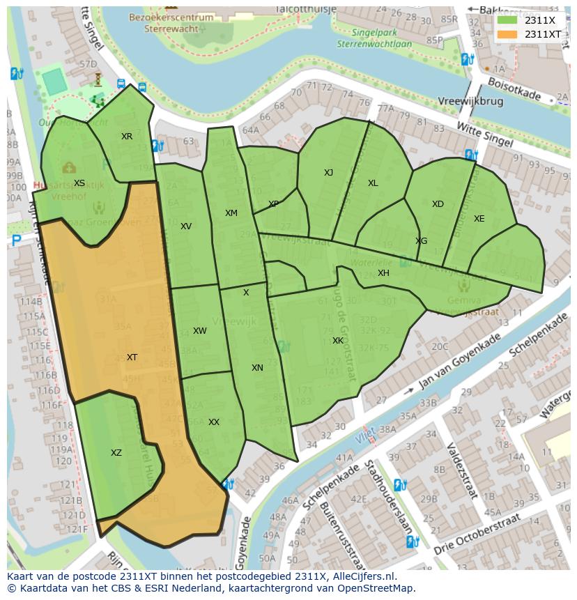 Afbeelding van het postcodegebied 2311 XT op de kaart.