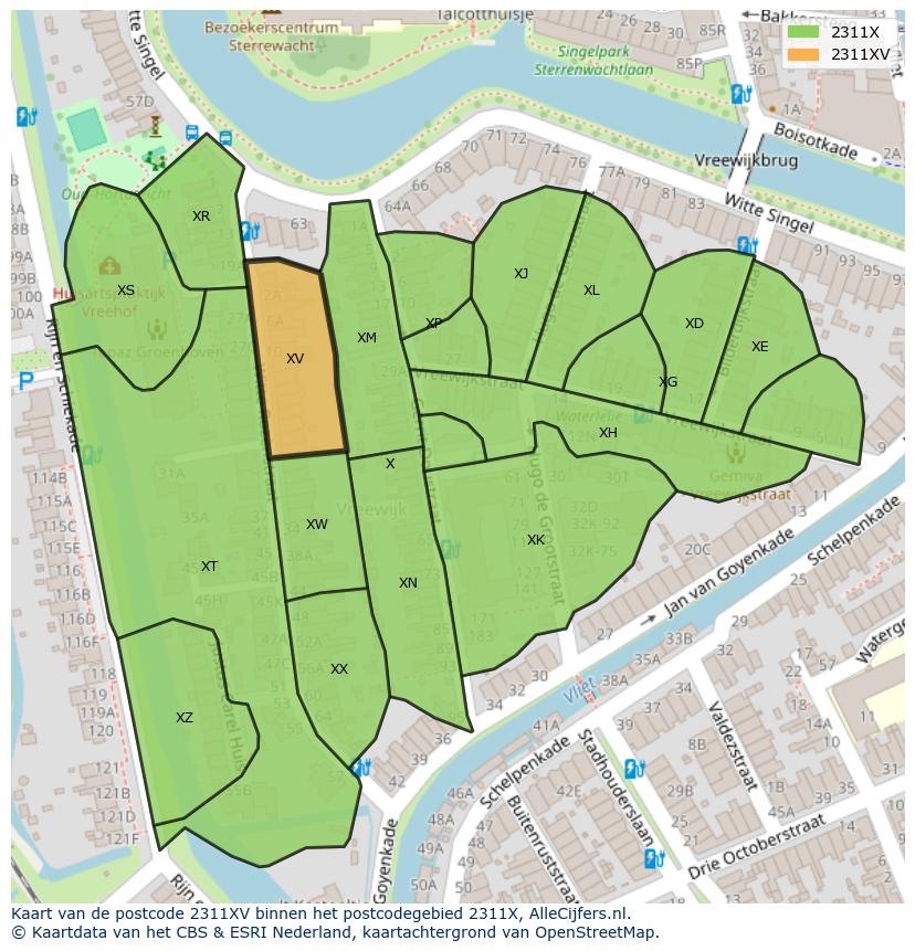 Afbeelding van het postcodegebied 2311 XV op de kaart.