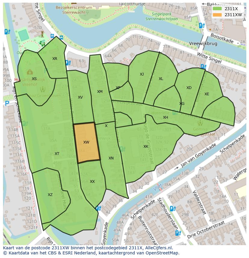 Afbeelding van het postcodegebied 2311 XW op de kaart.