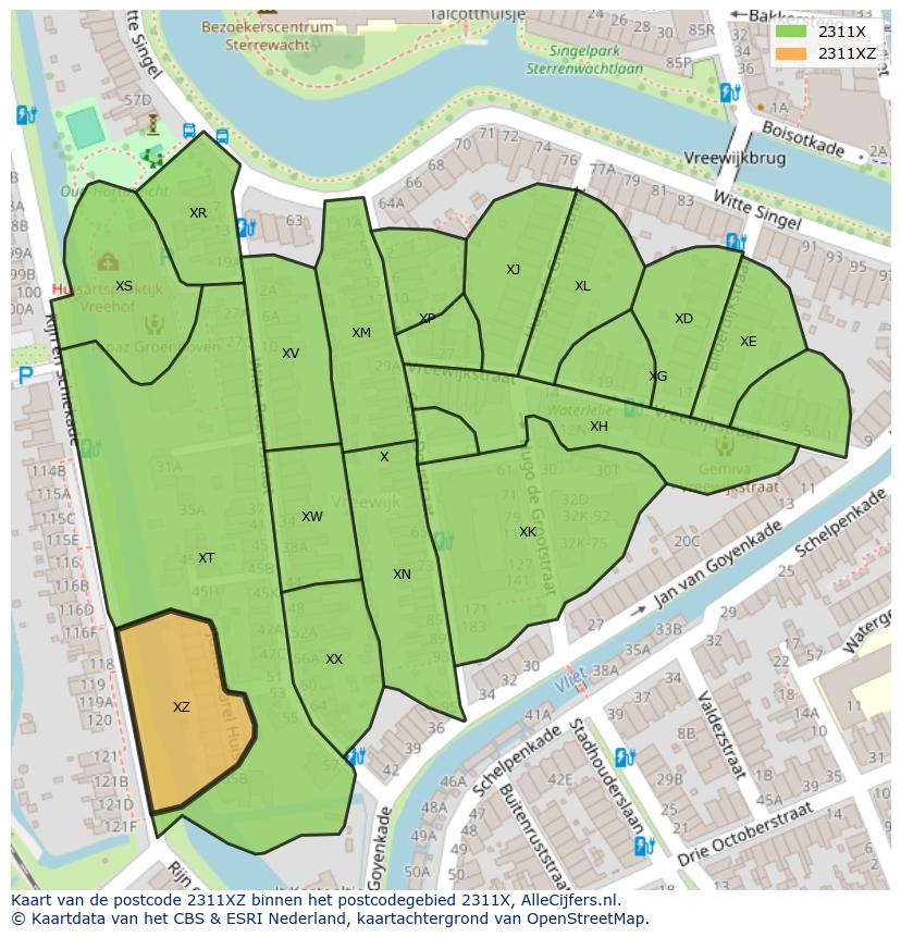 Afbeelding van het postcodegebied 2311 XZ op de kaart.