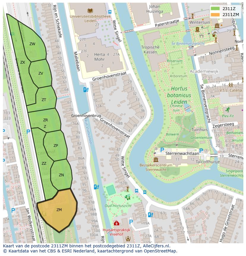 Afbeelding van het postcodegebied 2311 ZM op de kaart.