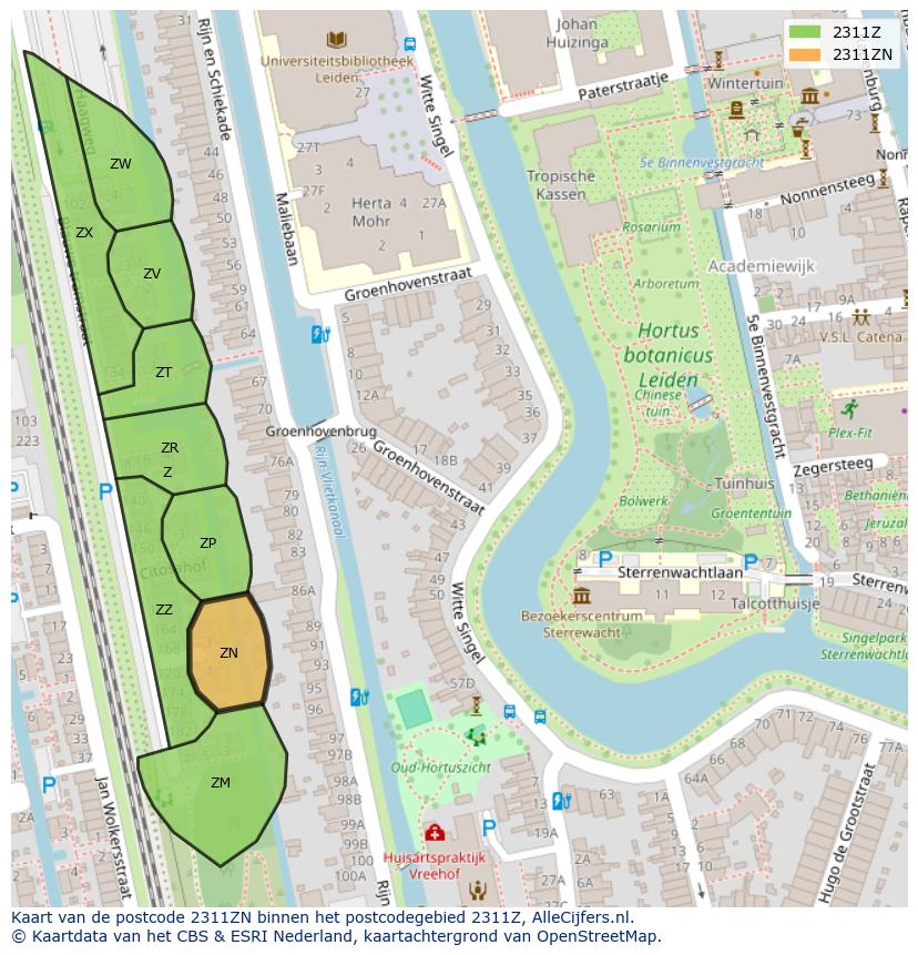 Afbeelding van het postcodegebied 2311 ZN op de kaart.