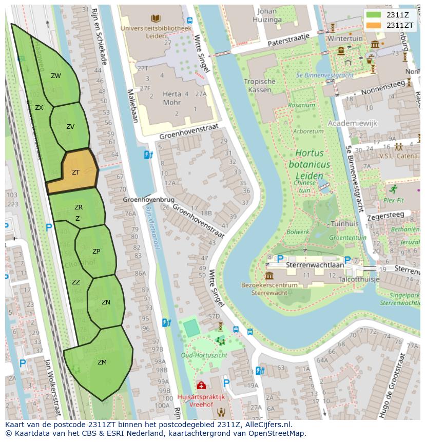 Afbeelding van het postcodegebied 2311 ZT op de kaart.