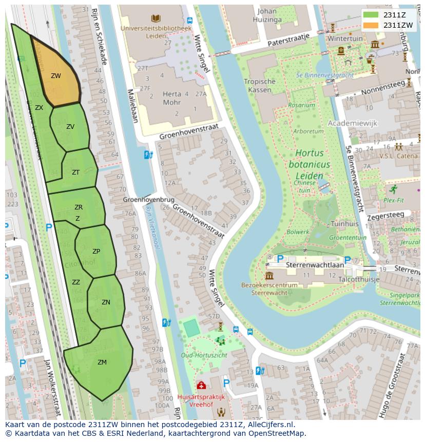 Afbeelding van het postcodegebied 2311 ZW op de kaart.