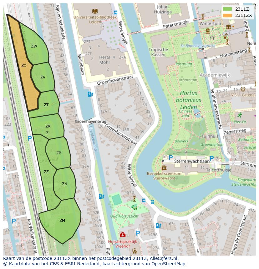 Afbeelding van het postcodegebied 2311 ZX op de kaart.