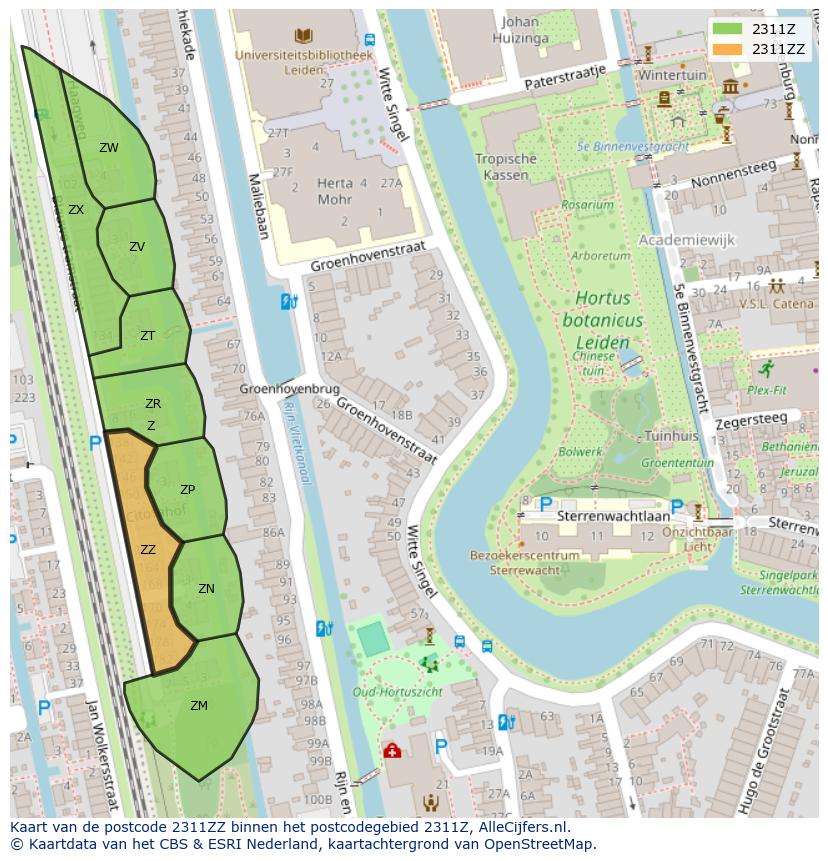 Afbeelding van het postcodegebied 2311 ZZ op de kaart.