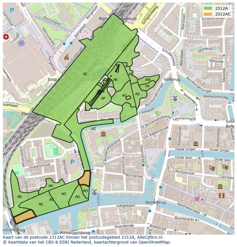 Afbeelding van het postcodegebied 2312 AC op de kaart.
