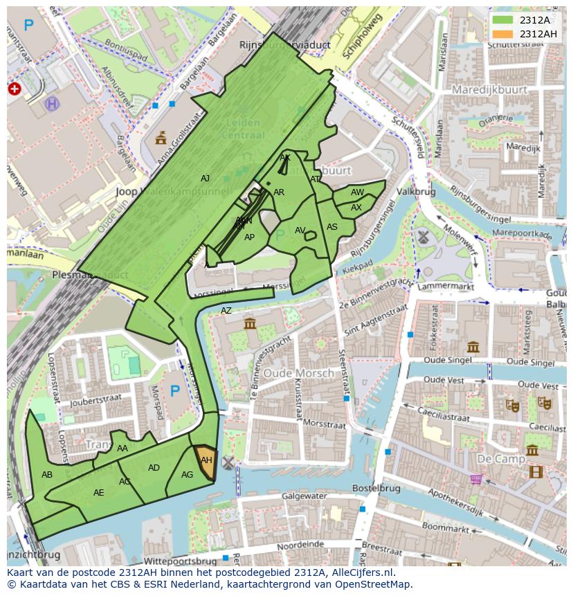 Afbeelding van het postcodegebied 2312 AH op de kaart.