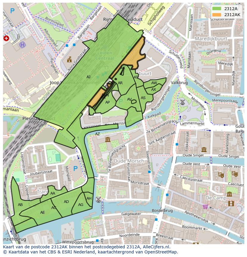Afbeelding van het postcodegebied 2312 AK op de kaart.