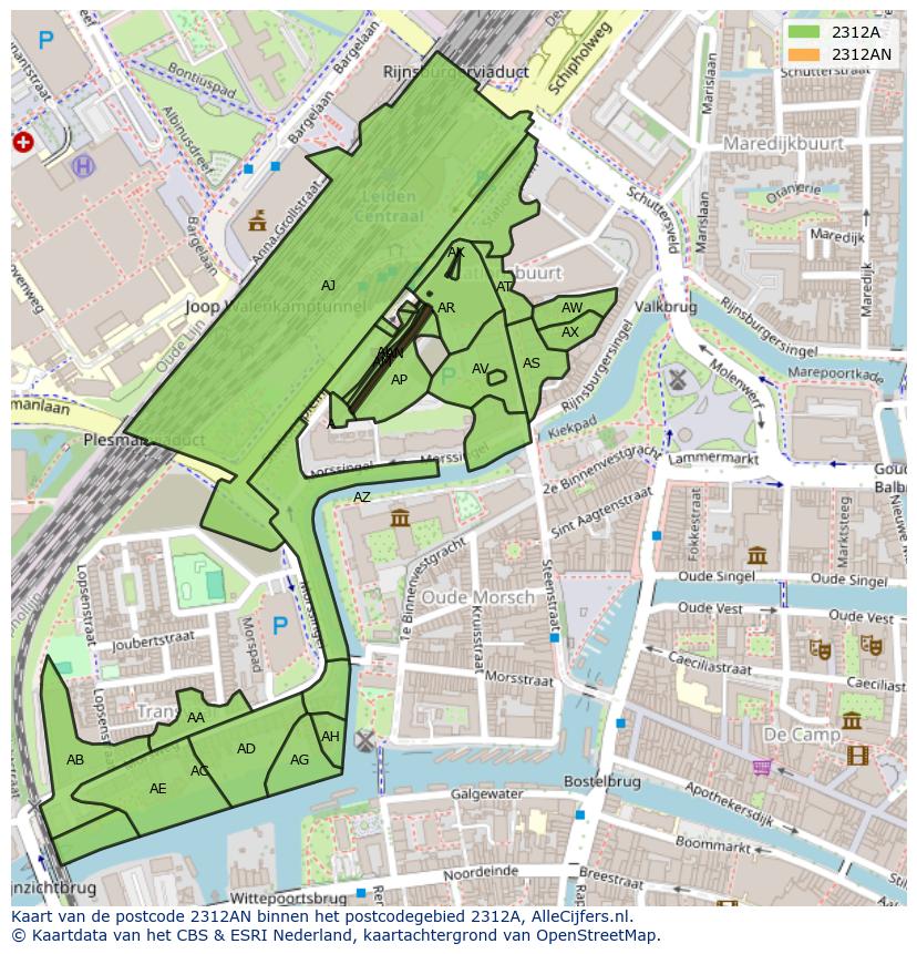 Afbeelding van het postcodegebied 2312 AN op de kaart.