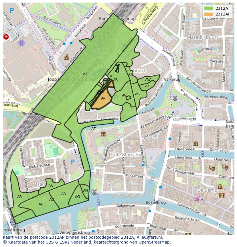 Afbeelding van het postcodegebied 2312 AP op de kaart.