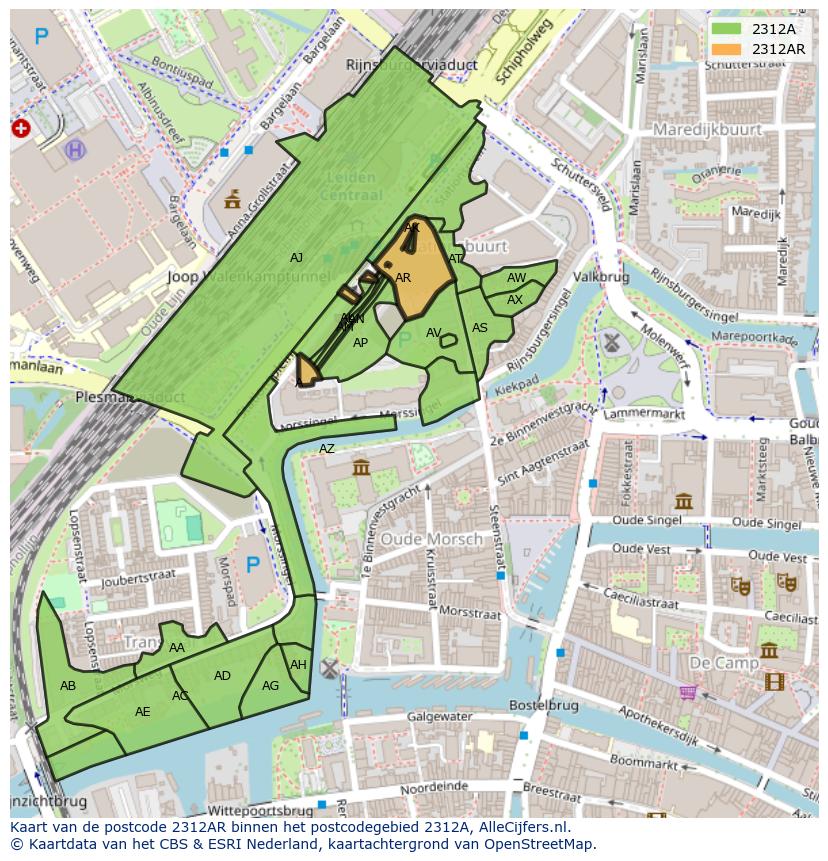 Afbeelding van het postcodegebied 2312 AR op de kaart.
