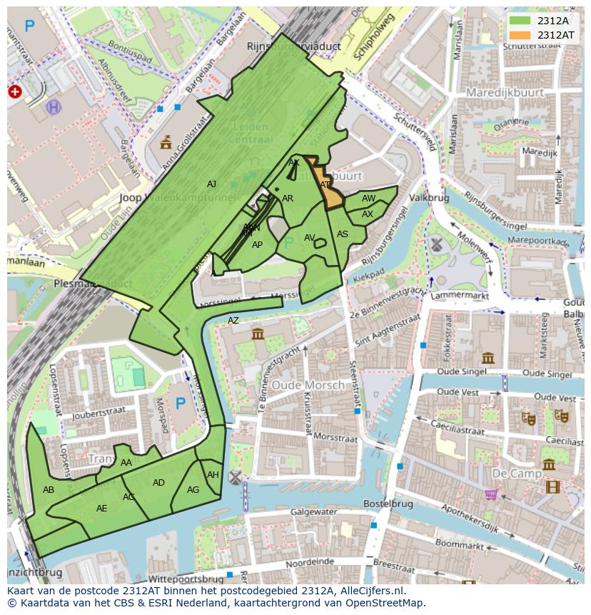 Afbeelding van het postcodegebied 2312 AT op de kaart.