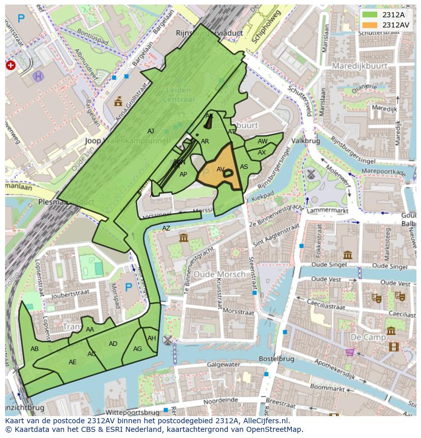 Afbeelding van het postcodegebied 2312 AV op de kaart.