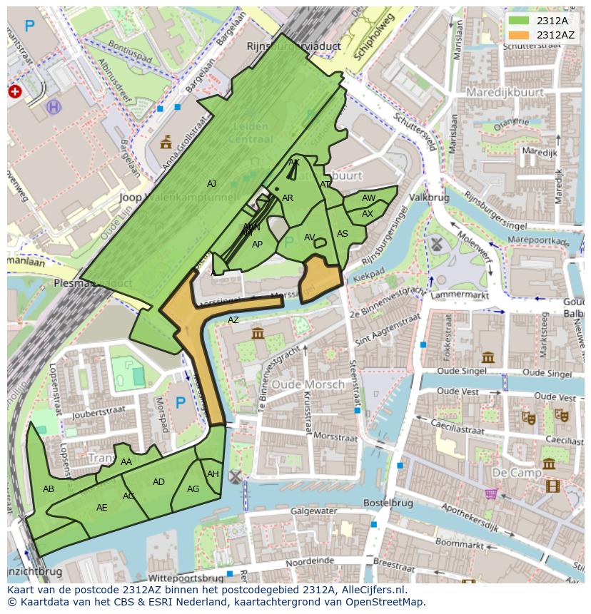 Afbeelding van het postcodegebied 2312 AZ op de kaart.