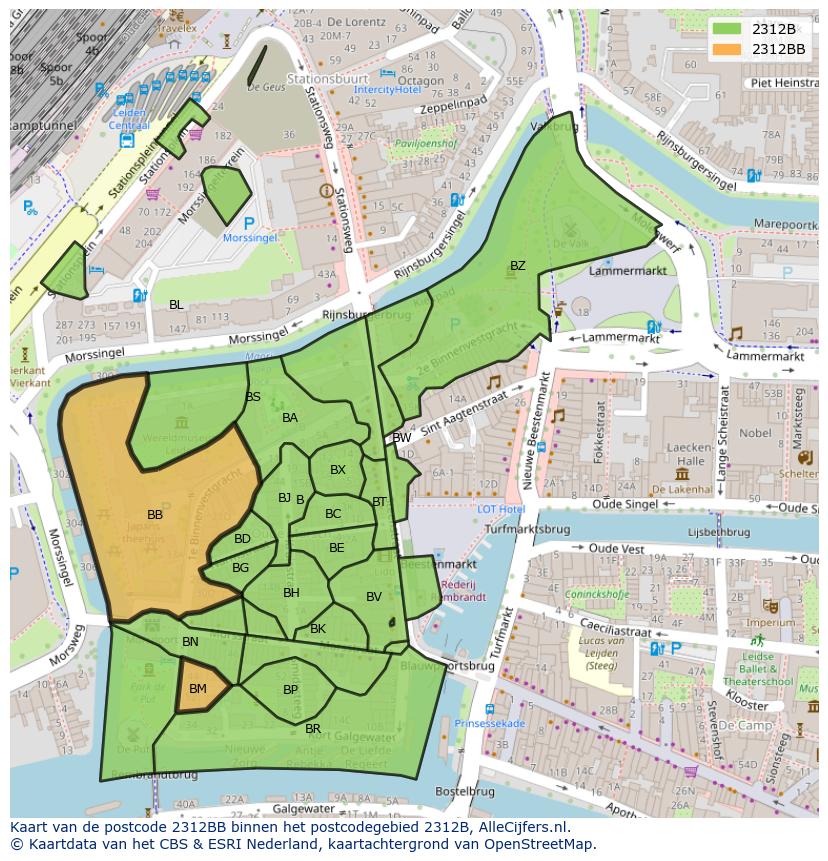 Afbeelding van het postcodegebied 2312 BB op de kaart.