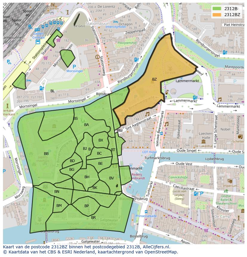 Afbeelding van het postcodegebied 2312 BZ op de kaart.
