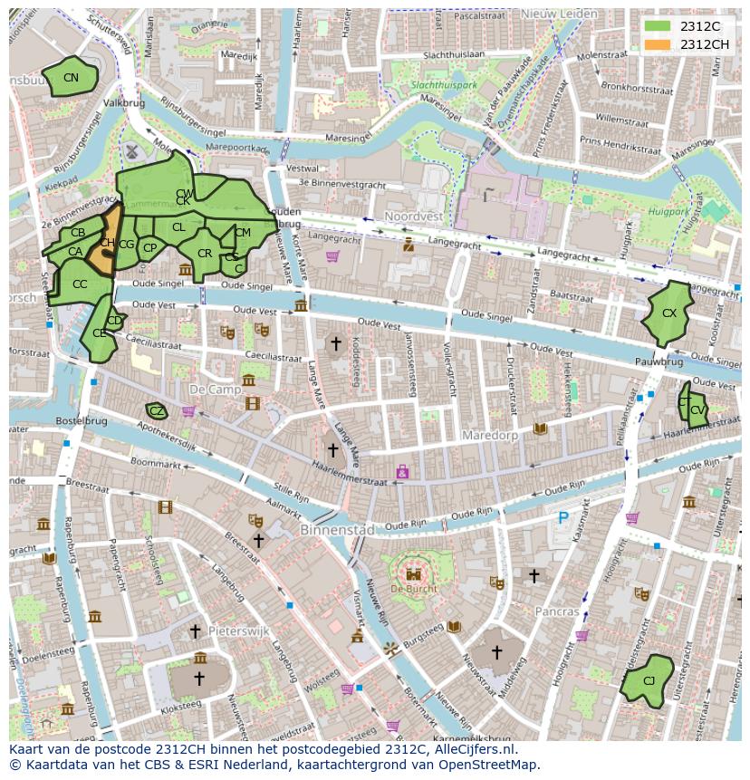 Afbeelding van het postcodegebied 2312 CH op de kaart.