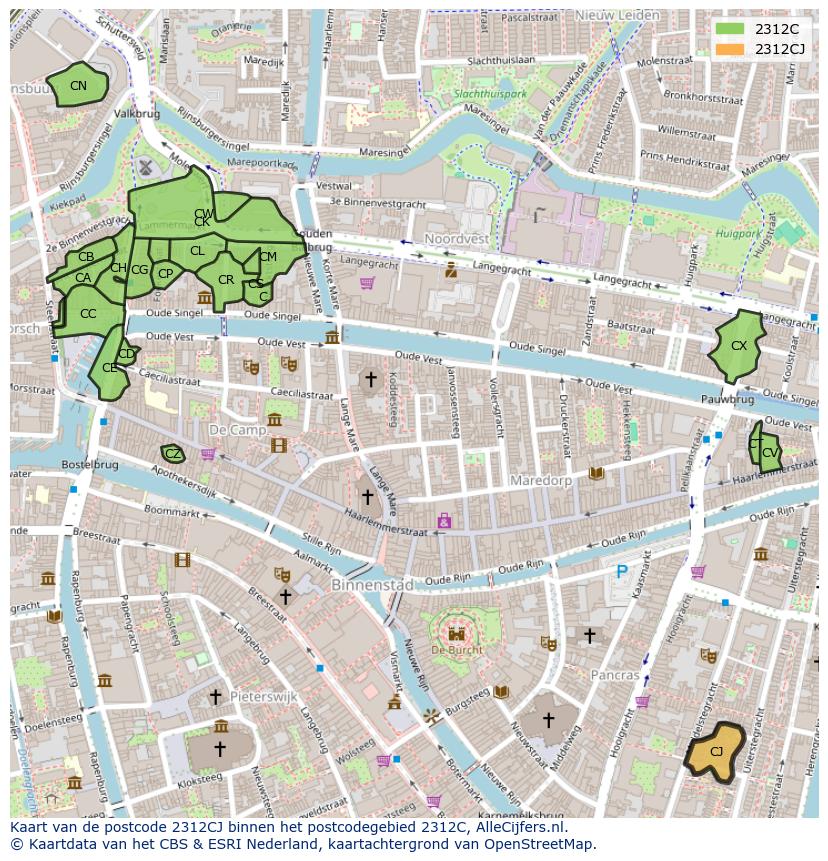 Afbeelding van het postcodegebied 2312 CJ op de kaart.