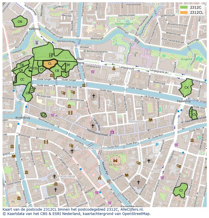 Afbeelding van het postcodegebied 2312 CL op de kaart.