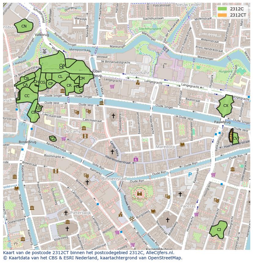 Afbeelding van het postcodegebied 2312 CT op de kaart.