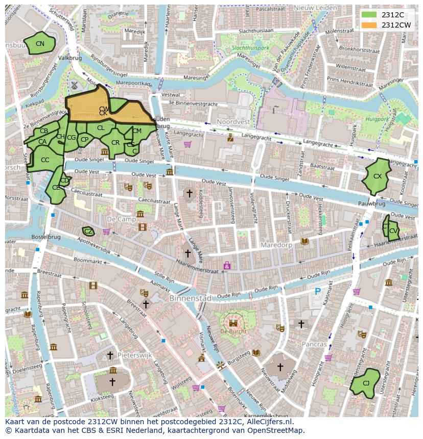 Afbeelding van het postcodegebied 2312 CW op de kaart.