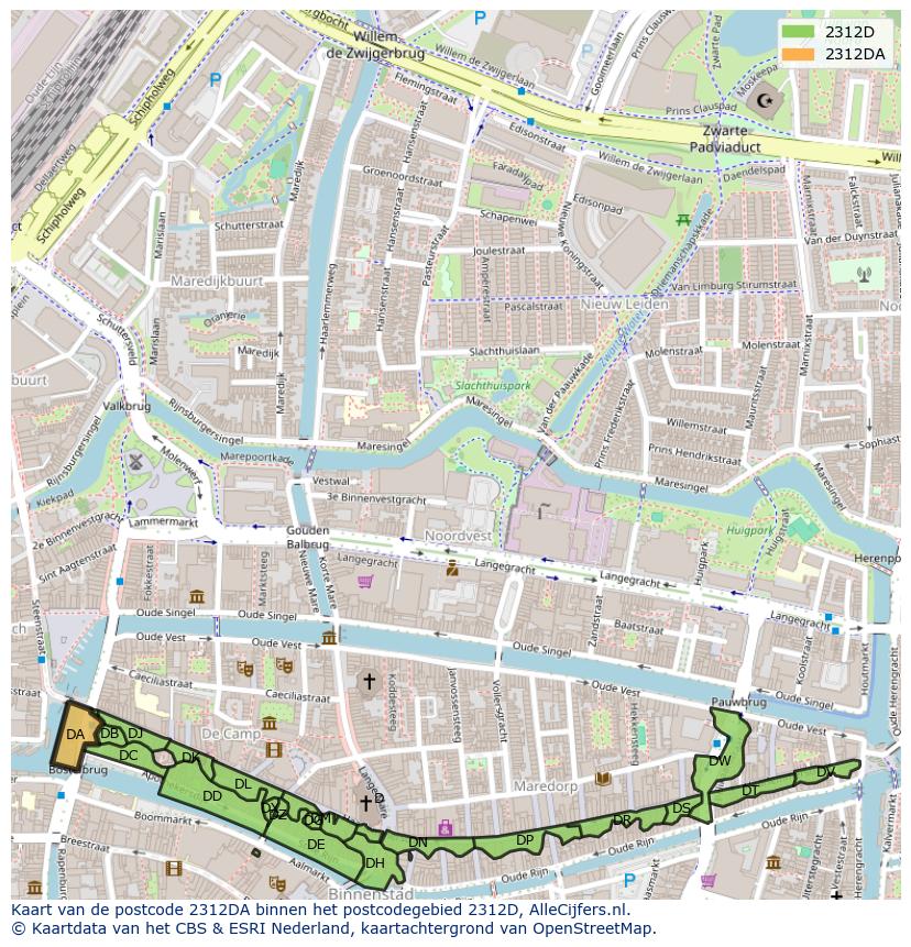 Afbeelding van het postcodegebied 2312 DA op de kaart.