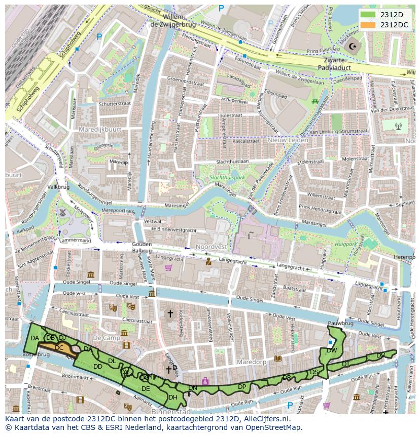 Afbeelding van het postcodegebied 2312 DC op de kaart.